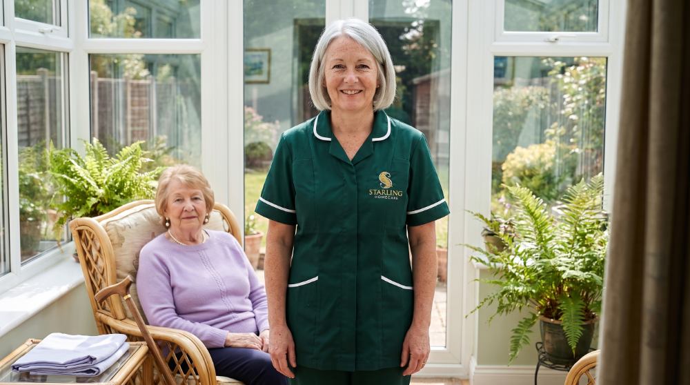 Starling Homecare carer in a conservatory with an older woman recovering at home, stroke support in Hertfordshire