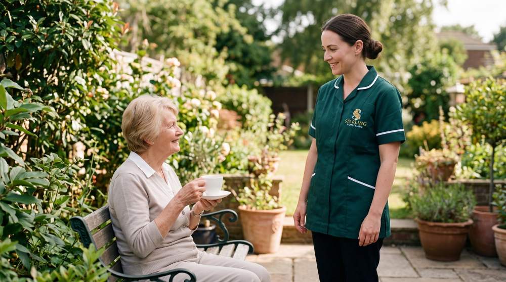 supporting-someone-with-fnd-at-home-hertfordshire A Starling Homecare carer bringing tea to an older woman resting in her garden, supporting someone with FND at home.