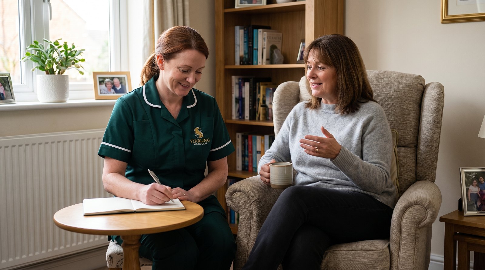 A Starling Homecare carer writing notes while a woman describes what happened, recording the pattern after a functional seizure