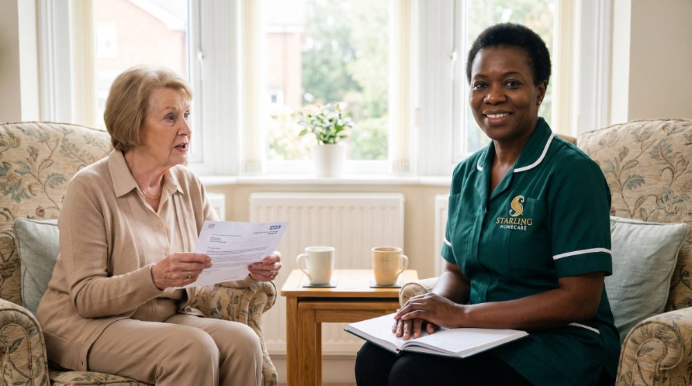 Starling Homecare carer sitting with an older woman in her sitting room as she reads a vaccination invitation letter, Hertfordshire