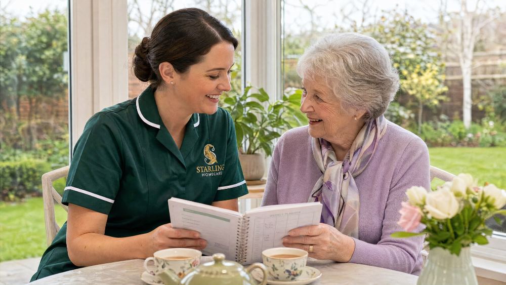 A Starling Homecare carer and an older woman looking through a weekly planner over tea in a Harpenden conservatory, planning 24-hour care in Harpenden