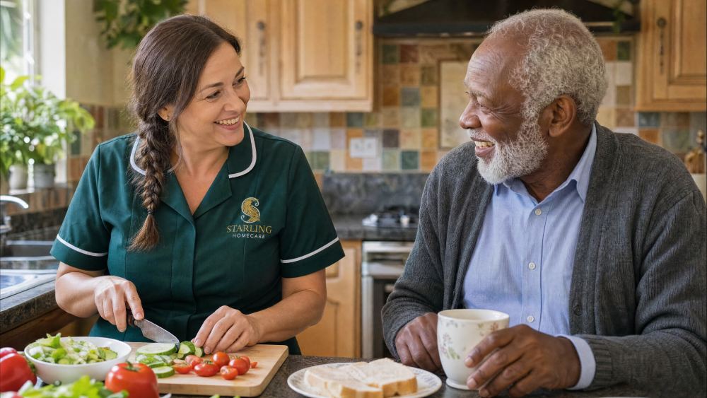 Carer in a bottle green uniform preparing lunch while chatting with an older man, 24 hour care in Hemel Hempstead
