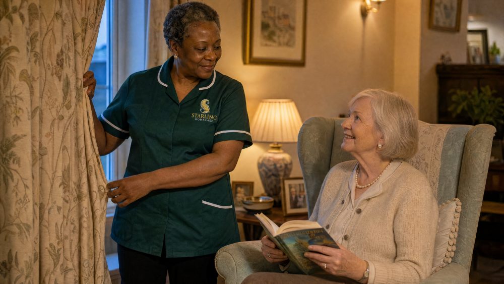 24 Hour Care in Hitchin: Start With the Nights Carer in a bottle green uniform drawing the evening curtains as an older woman reads, 24 hour care in Hitchin