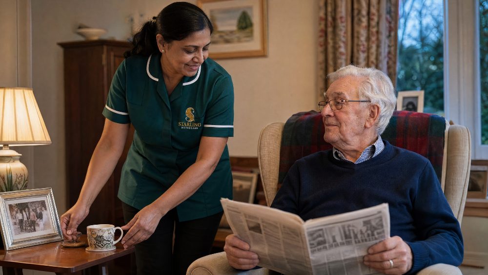 A Starling Homecare carer bringing a cup of tea to an older man in his armchair on an evening visit, part of 24-hour care in St Albans