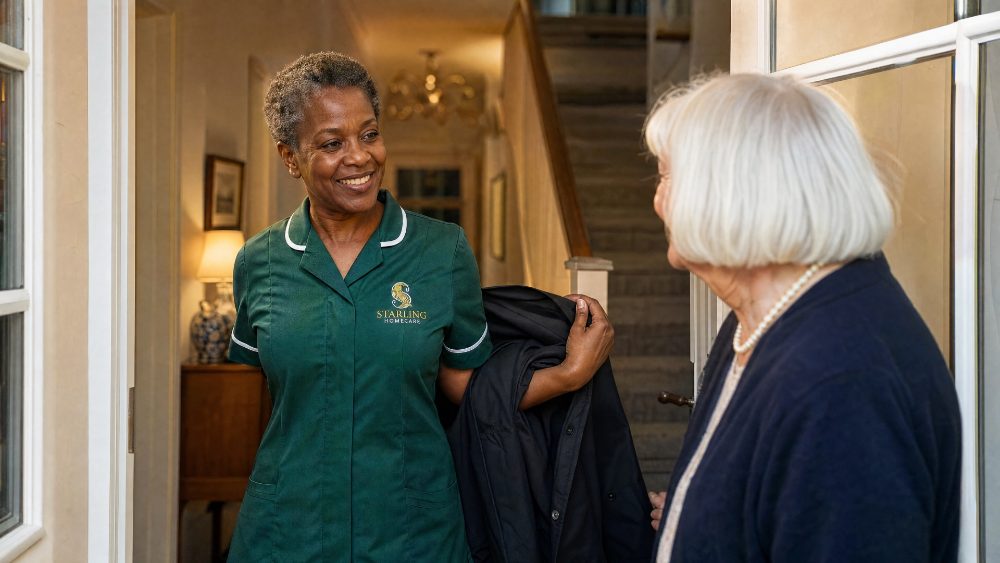 A Starling Homecare carer arriving for an evening shift, welcomed in the hallway by an older woman, as part of 24-hour care in Welwyn Garden City