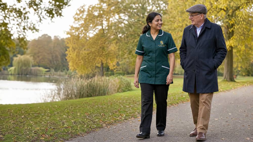 accessible-walks-potters-bar Female carer in bottle green uniform walking beside an older man on a park path in Potters Bar, companion care