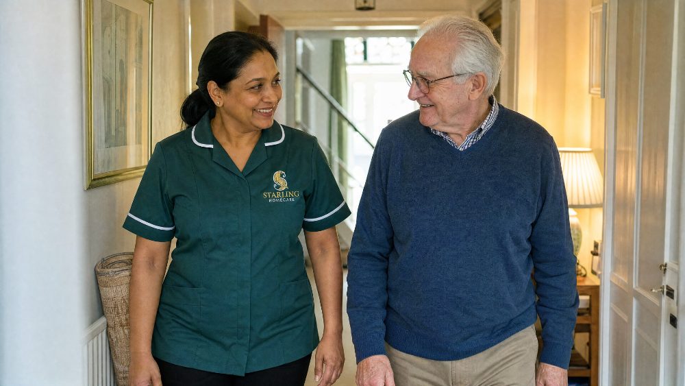 Carer walking beside an older man in his hallway after a first fall, with a trip hazard rug rolled away