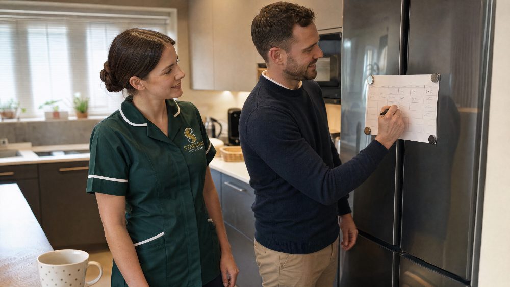 Can someone with a brain injury live independently? Carer helping a man with a brain injury use a weekly planner on his fridge to live independently at home