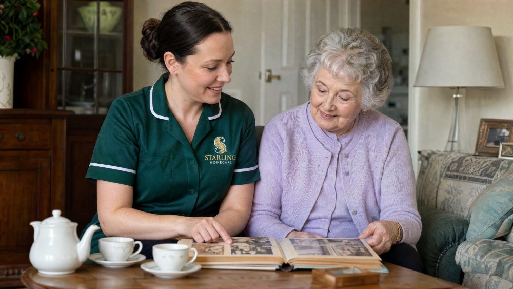 Starling Homecare carer looking through a photograph album with an older woman in a Hertfordshire sitting room