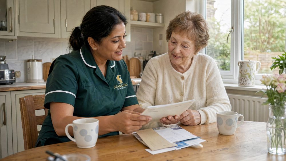 Starling Homecare carer and an older woman at a kitchen table looking through post together on a winter day in Hertfordshire
