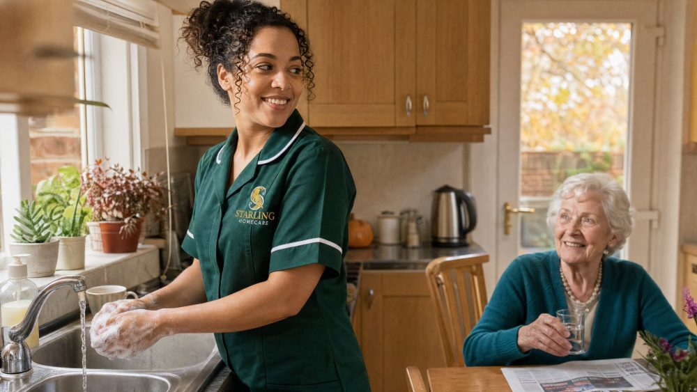 Female carer in bottle green uniform washing her hands at a St Albans kitchen sink as an older woman sits with water