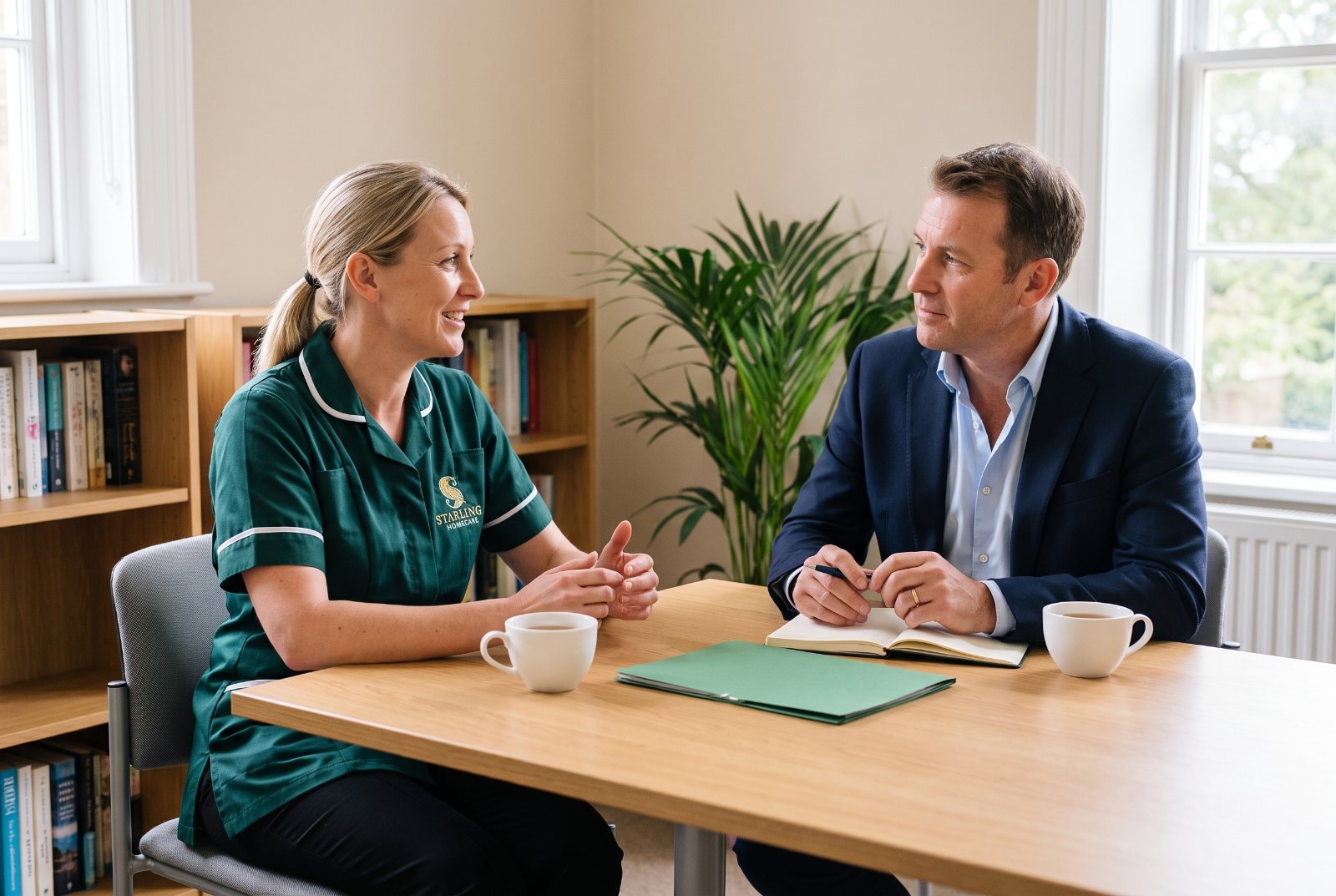 Personalised home care for elderly people Elderly woman smiling with a Starling Homecare carer during a care visit
