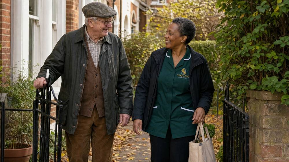 Female carer in bottle green uniform walking to the shops with an older man from his Berkhamsted front gate