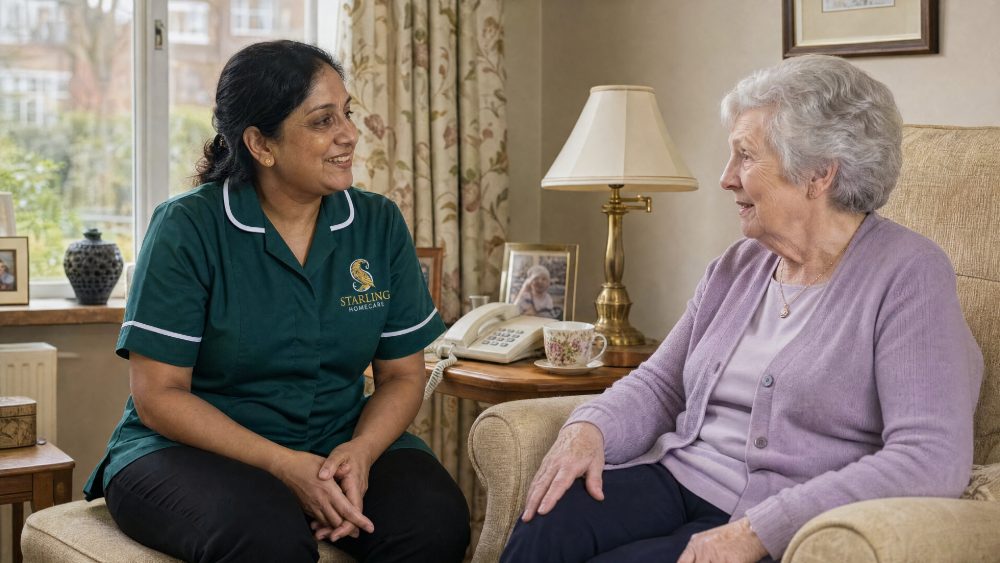 Female carer in bottle green uniform chatting with an older woman beside a landline in a Welwyn Garden City living room