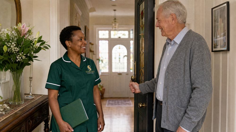 Starling Homecare carer arriving at the front door of a Hertfordshire home and being welcomed by an older man