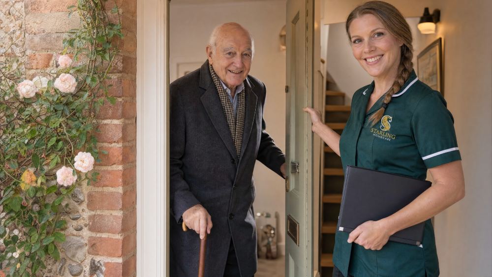 carer welcoming older man home after hospital hitchin starling homecare Female carer in bottle green uniform welcoming an older man home at his cottage door near Hitchin after a hospital stay