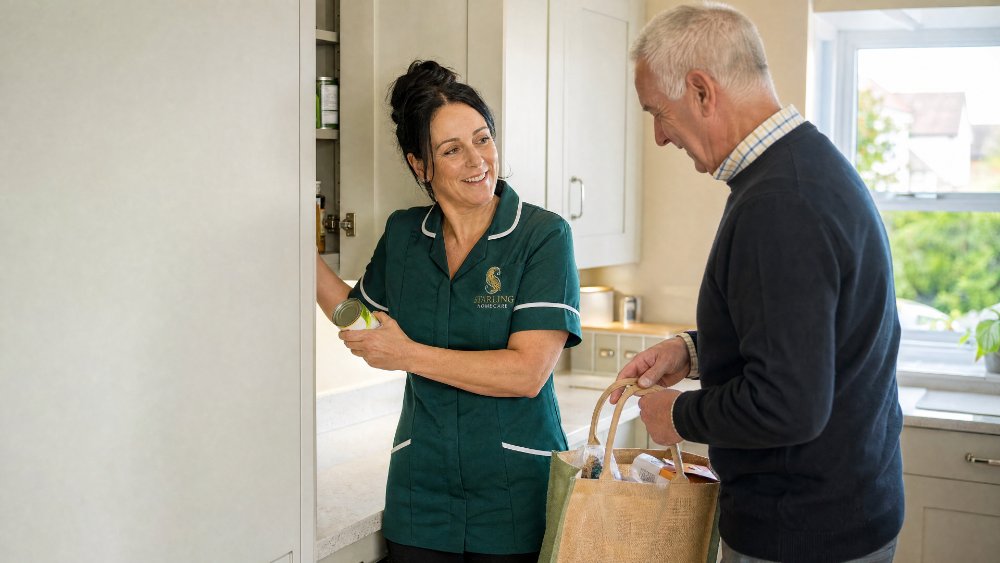 Female carer in bottle green uniform putting shopping away with an older man in a Welwyn Garden City kitchen, domestic support