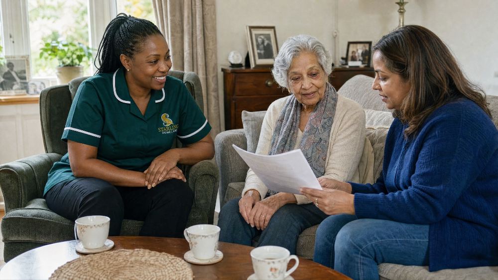 The CQC State of Care report: what it means when choosing home care Carer and family reading through a printed care plan together while choosing home care in Hertfordshire