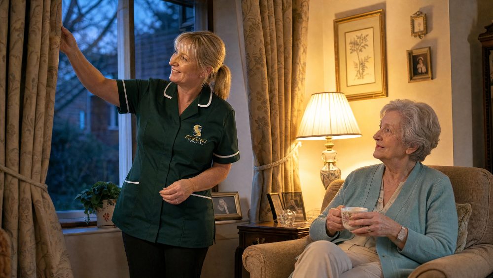 Carer closing curtains and turning on a lamp at dusk for an older woman with dementia at home in St Albans