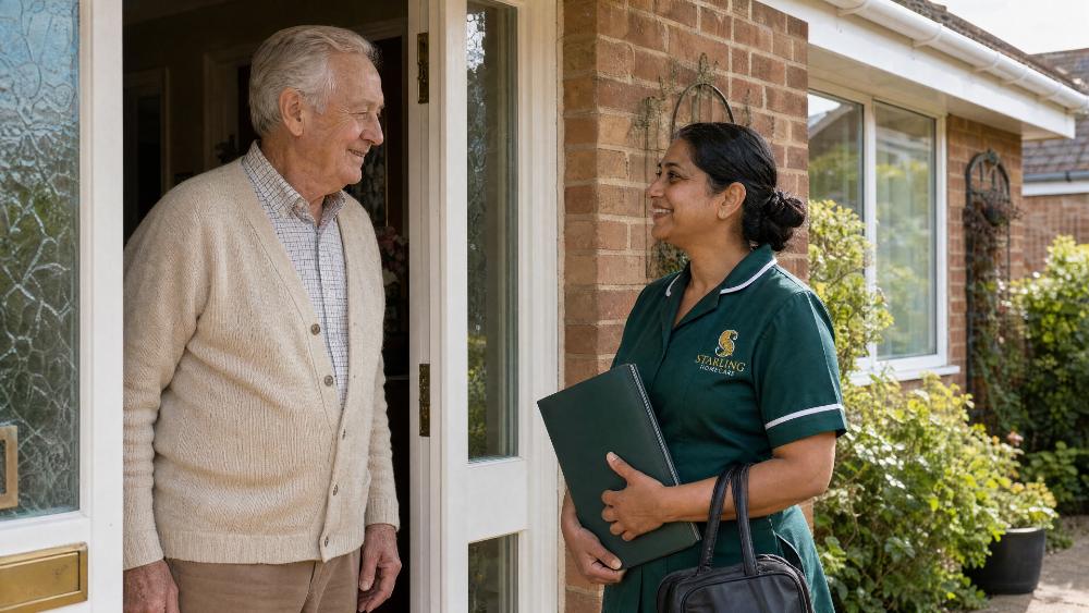 Discharge to assess: what it means for your family Carer and older man reading hospital discharge to assess paperwork together at a kitchen table at home