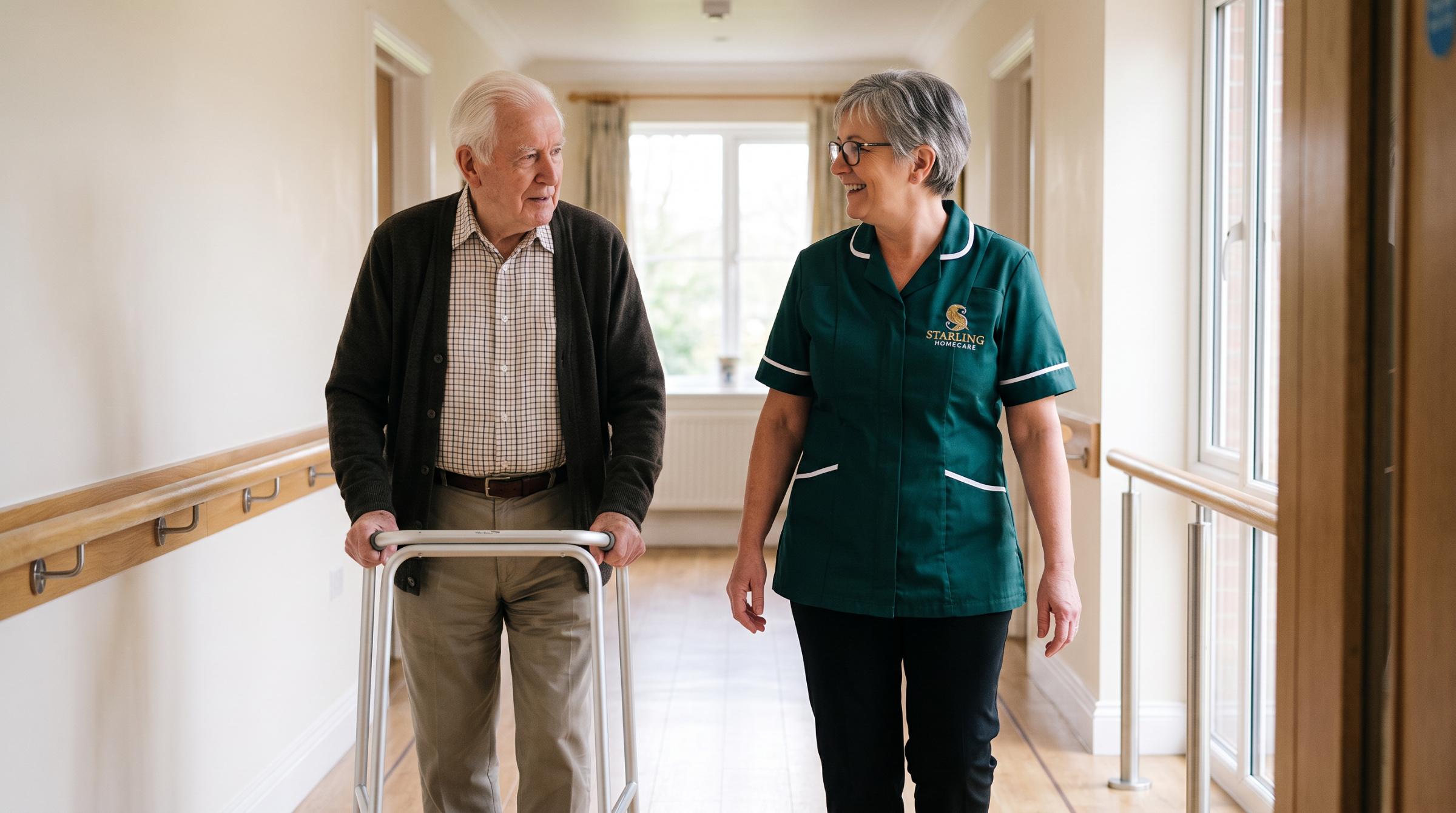 A Starling Homecare carer bringing a cup of tea to a woman at her kitchen table at home A Starling Homecare carer bringing a cup of tea to a woman at her kitchen table at home