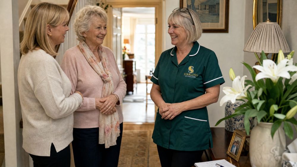 The First Week of Home Care: What to Expect Carer being welcomed by an older woman and her daughter during the first week of home care in Harpenden