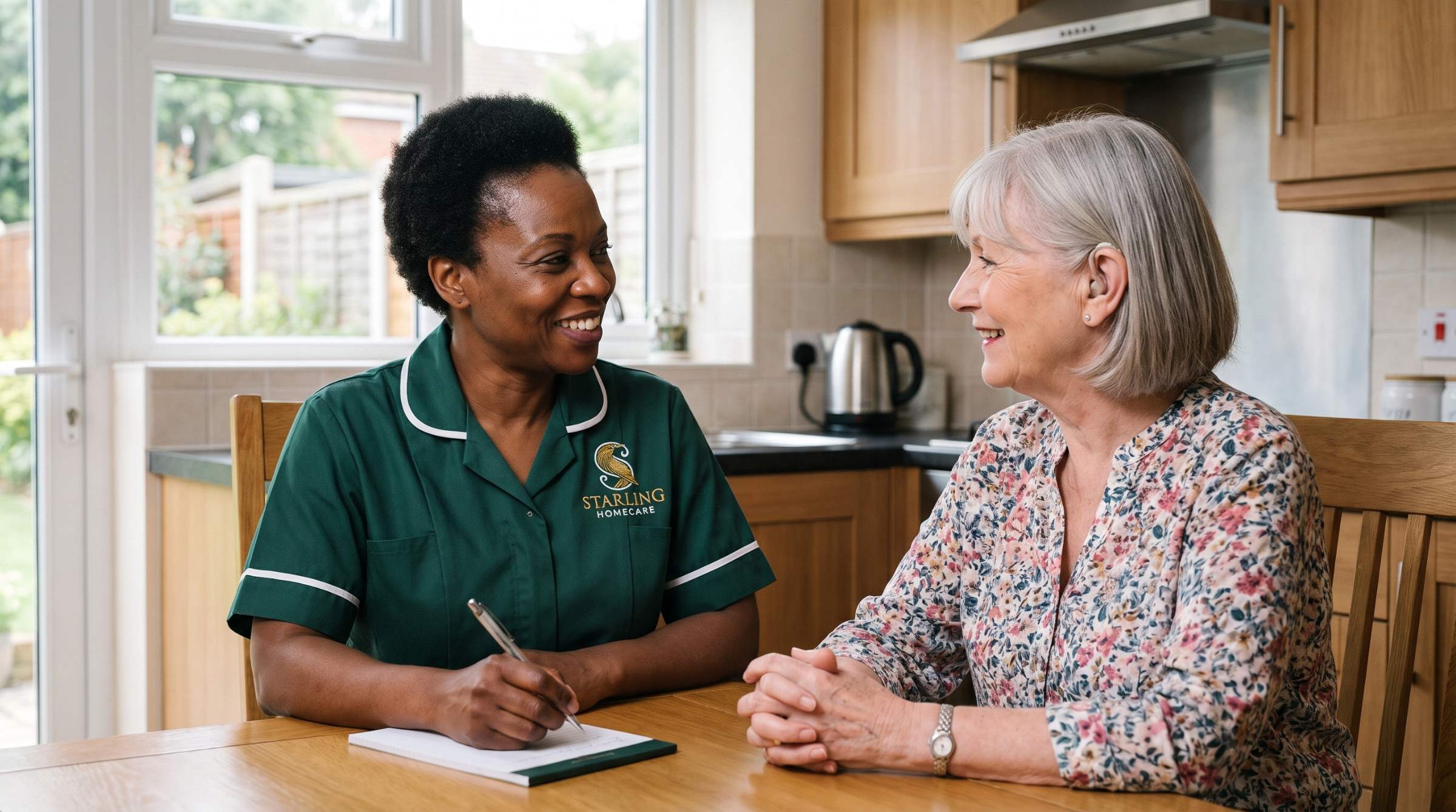 A Starling Homecare carer bringing a cup of tea to a woman at her kitchen table at home A Starling Homecare carer bringing a cup of tea to a woman at her kitchen table at home