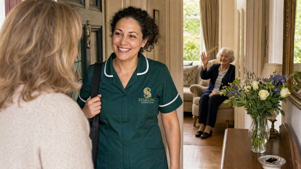 A Starling Homecare carer welcomed into a family home while an older woman waves from her armchair, home care in Colney Heath