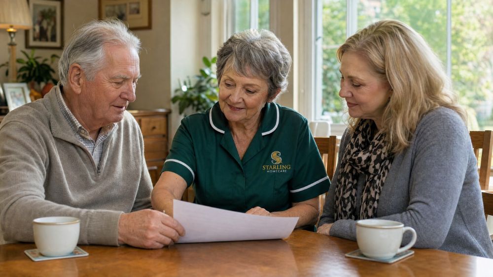 Carer going through a written quote with an older man and his daughter, explaining home care costs in Hemel Hempstead