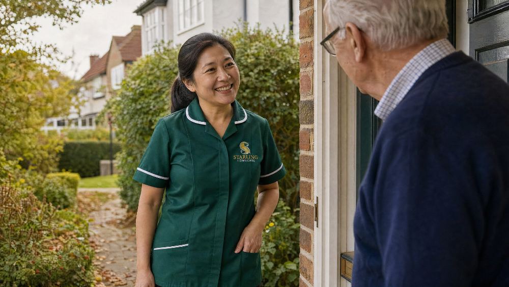 A Starling Homecare carer greeted at the front door by an older man on a morning visit, home care in Cuffley