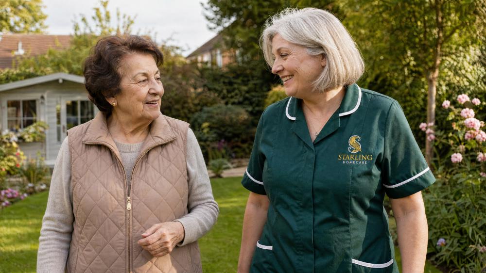 Carer in a bottle green uniform walking with an older woman in her Potters Bar garden, comparing home care or a care home