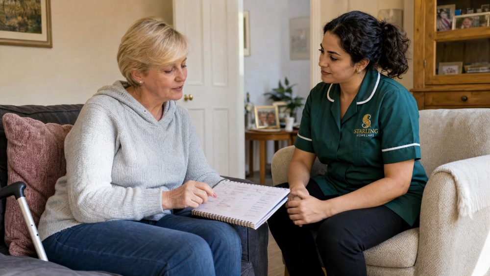 Carer in a bottle green uniform planning the week with a woman at home from hospital with FND