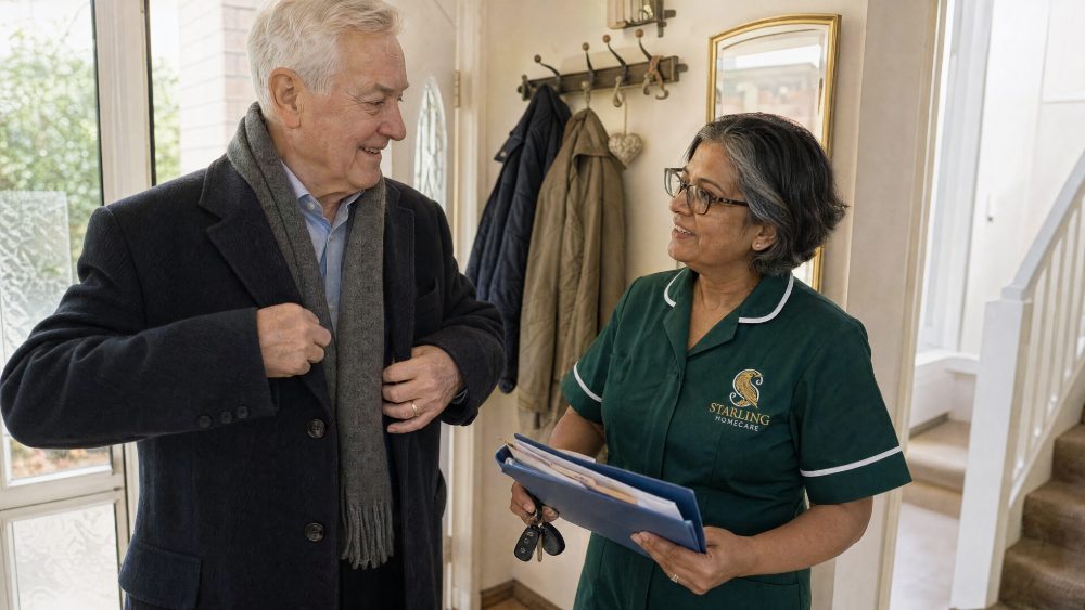 Carer in a bottle green uniform with appointment letters as an older man gets ready for hospital appointments in Hemel Hempstead