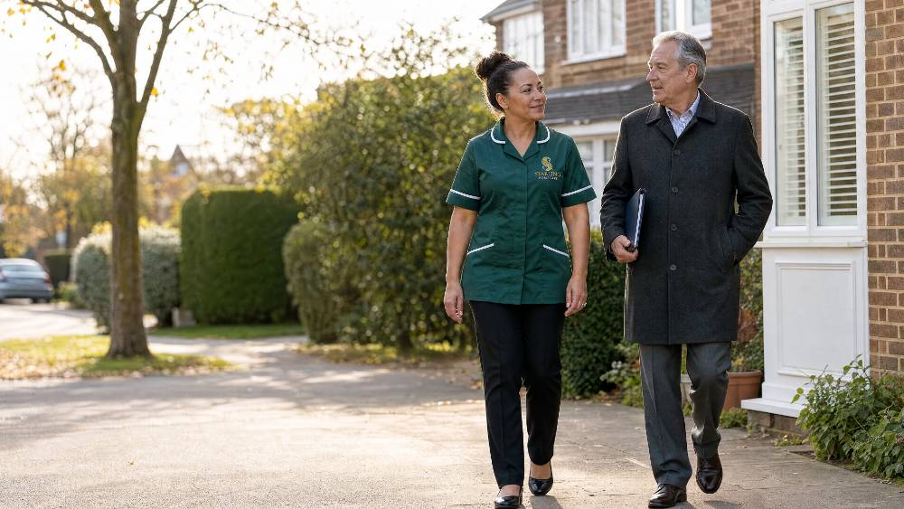 Female carer in bottle green uniform walking with an older man to a hospital appointment, companionship care, Potters Bar