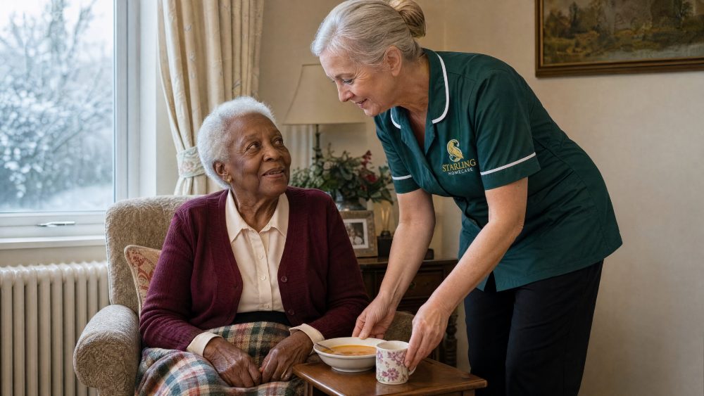 Keeping Warm in Winter: Helping an Older Parent in Hertfordshire Carer in a bottle green uniform bringing soup and tea to an older woman, keeping warm in winter