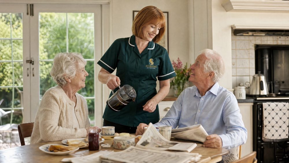 A Starling Homecare live-in carer pouring coffee for an older couple at breakfast, live-in care in Brookmans Park