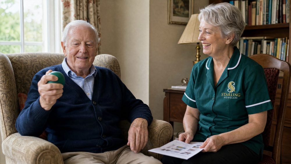 live in carer hand exercise after stroke hertfordshire starling homecare Female live-in carer in bottle green uniform encouraging an older man with a hand exercise ball at home after a stroke