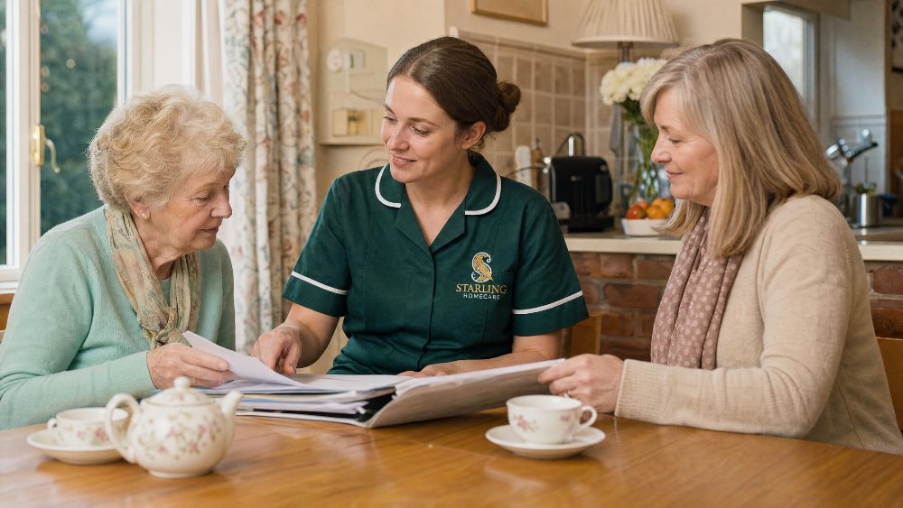 Carer and family going through care paperwork at a kitchen table, thinking about paying for care and the National Care Service