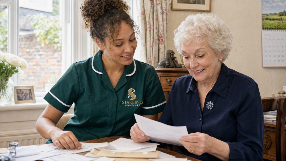Carer in a bottle green uniform sorting the post with an older woman, support for a parent living alone in Hitchin