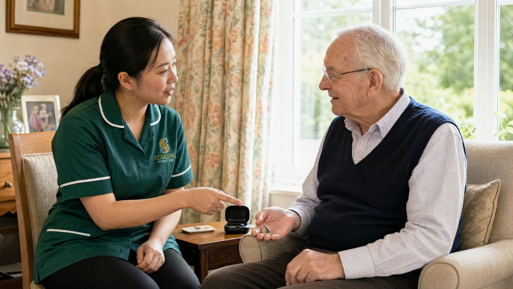 My parent won’t wear their hearing aids: what can we do? Carer sitting face to face with an older man holding his hearing aid, helping a parent who won't wear hearing aids