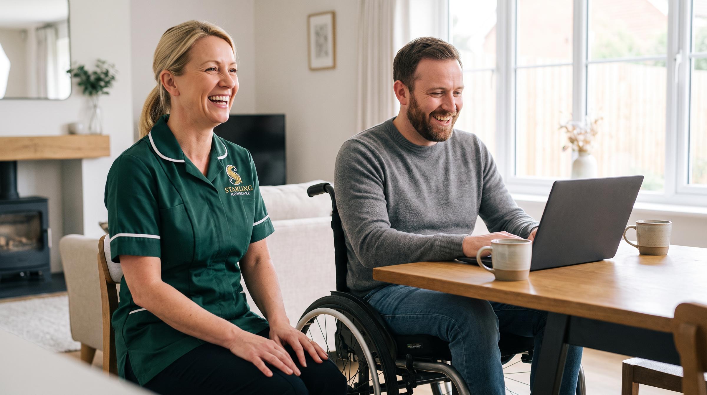 A Starling Homecare carer bringing a cup of tea to a woman at her kitchen table at home A Starling Homecare carer bringing a cup of tea to a woman at her kitchen table at home