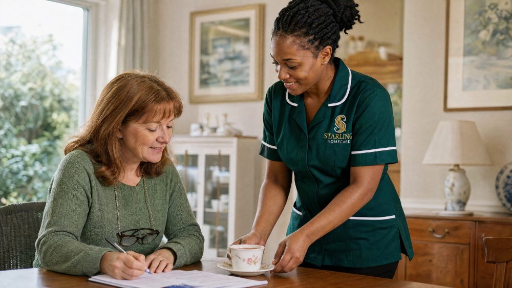 PIP for FND: How Fluctuating Symptoms Are Assessed Carer in a bottle green uniform bringing tea to a woman writing at her dining table, PIP for FND