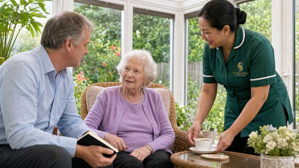 A Starling Homecare carer bringing tea to an older woman talking with her son in a conservatory, power of attorney after a dementia diagnosis