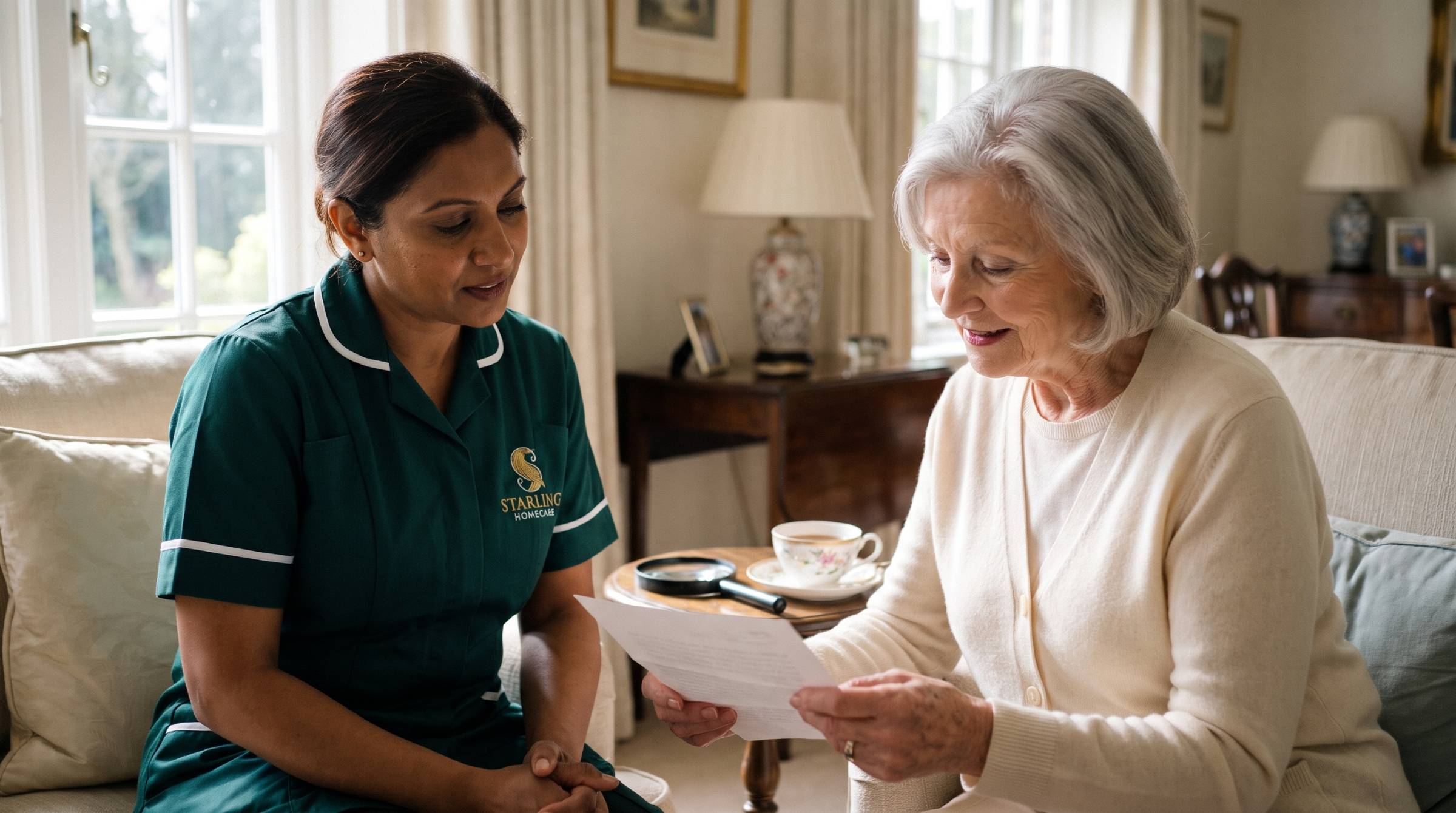 A Starling Homecare carer bringing a cup of tea to a woman at her kitchen table at home A Starling Homecare carer bringing a cup of tea to a woman at her kitchen table at home