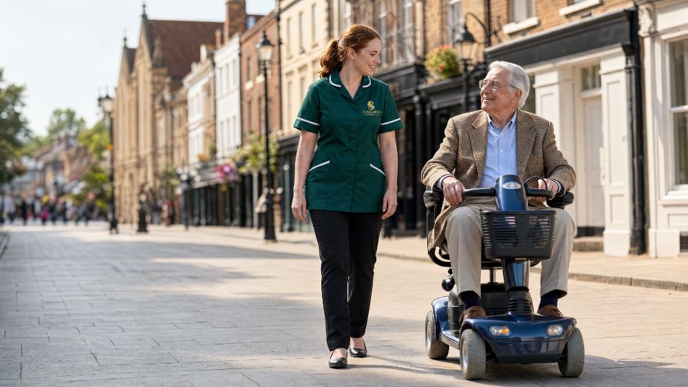 shopmobility-st-albans Female carer in bottle green uniform walking beside an older man on a mobility scooter in St Albans, companionship care