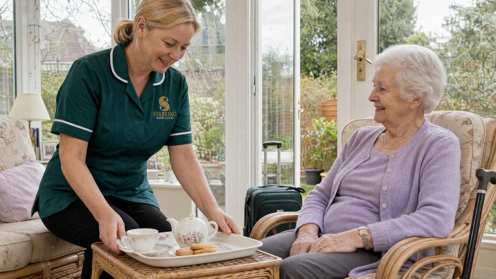 Carer in a bottle green uniform serving tea in a St Albans conservatory, short-term live-in care