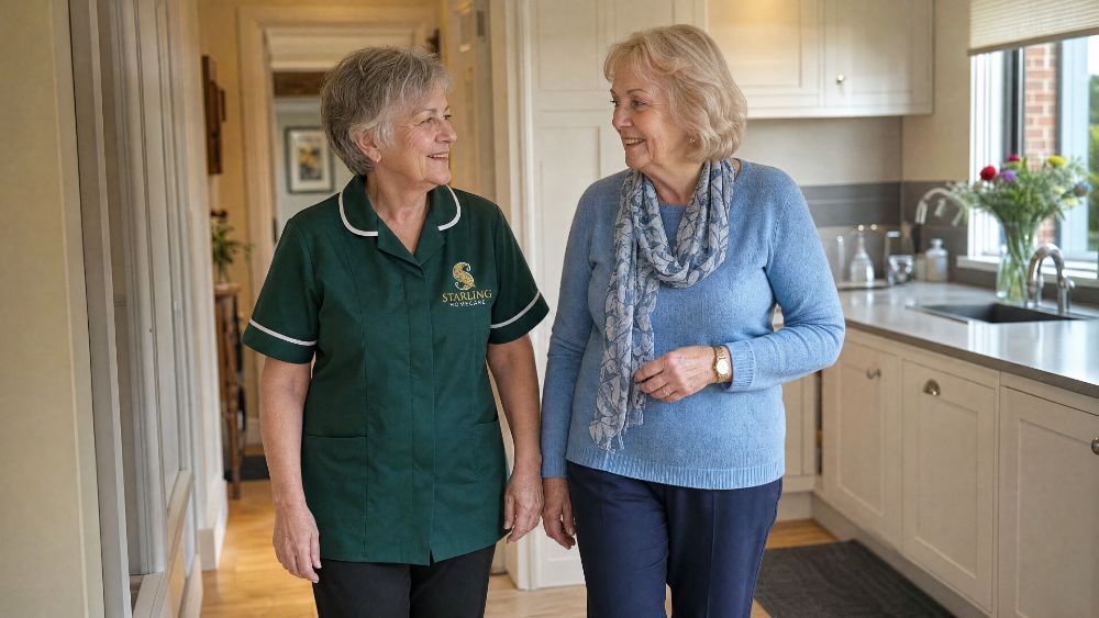 My Mum Keeps Falling: What to Do Now Carer walking beside an older woman in her kitchen, supporting her to move about safely after repeat falls