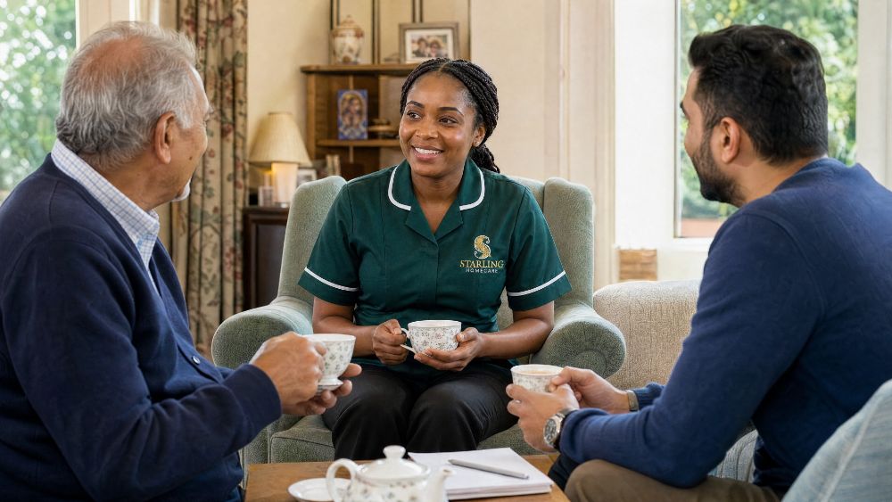 Carer chatting over tea with an older man and his son at home, getting to know them before care begins