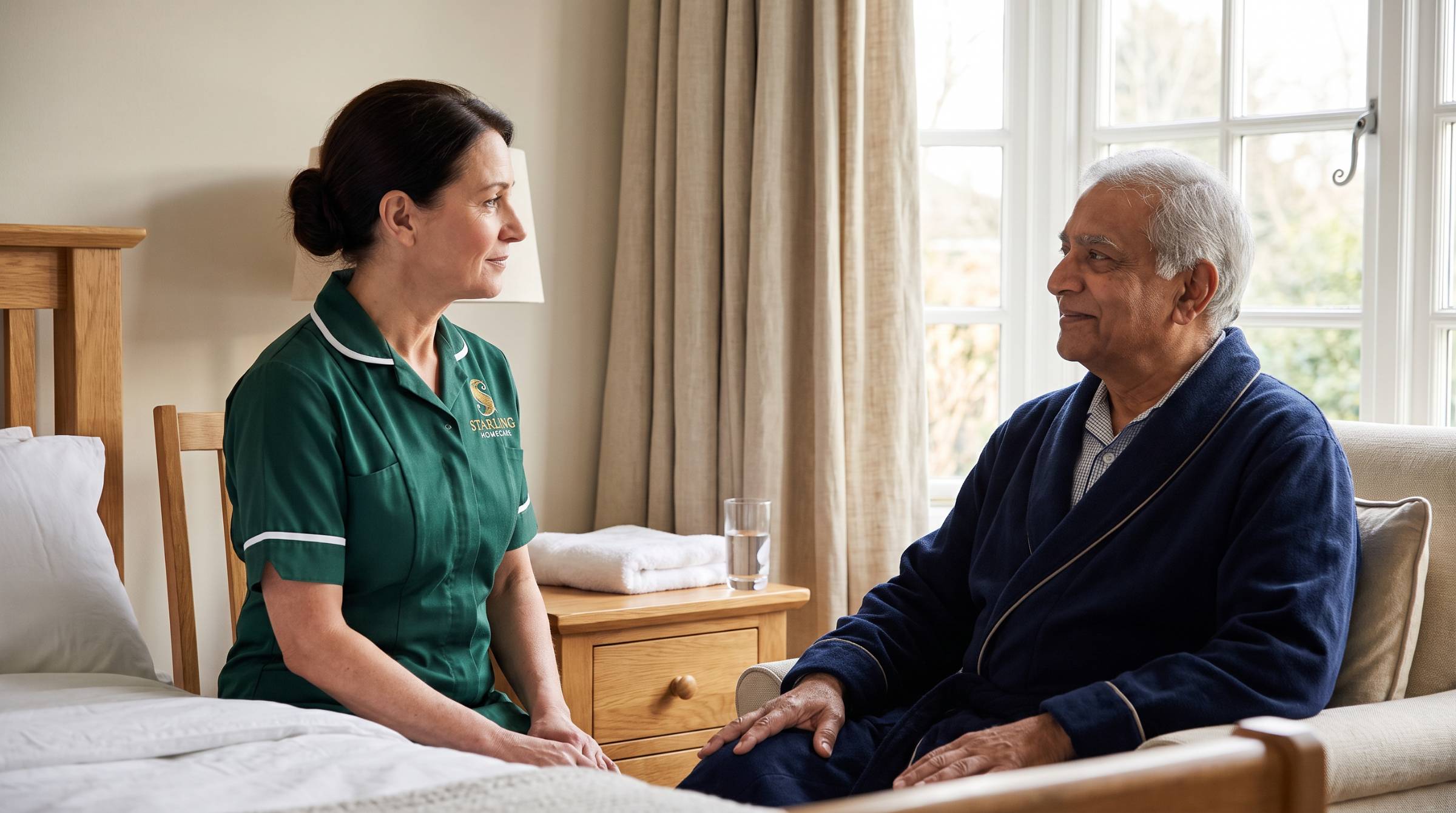 A Starling Homecare carer bringing a cup of tea to a woman at her kitchen table at home A Starling Homecare carer bringing a cup of tea to a woman at her kitchen table at home
