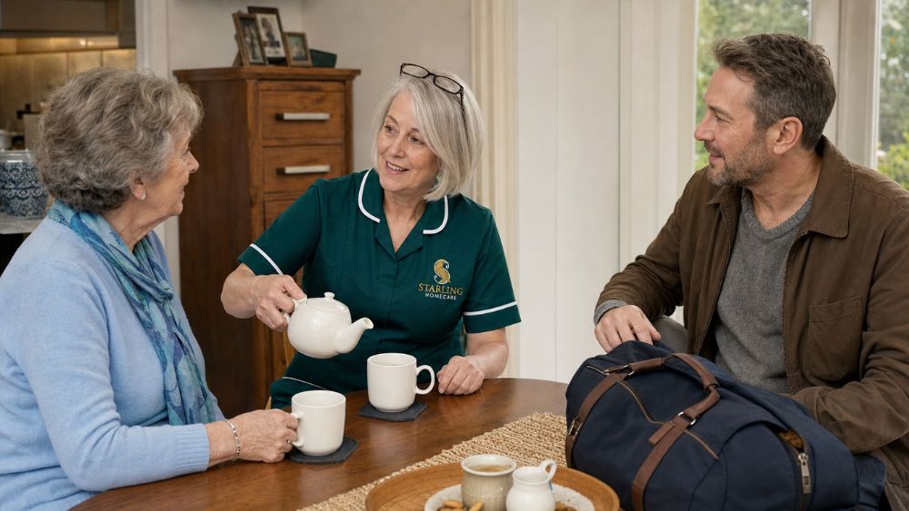 Carer with an older woman and her son at home in Harpenden after the usual family carer became unwell